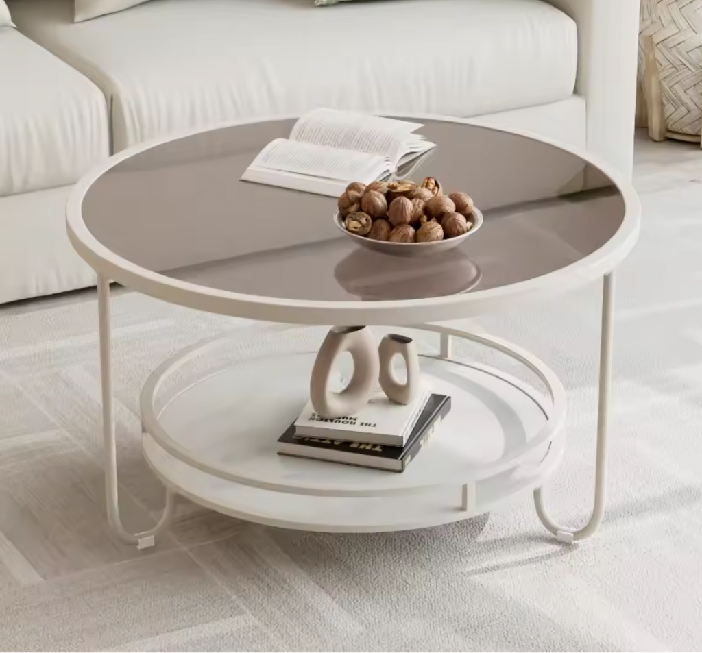 Table basse ronde avec plateau miroir et rangement en dessous