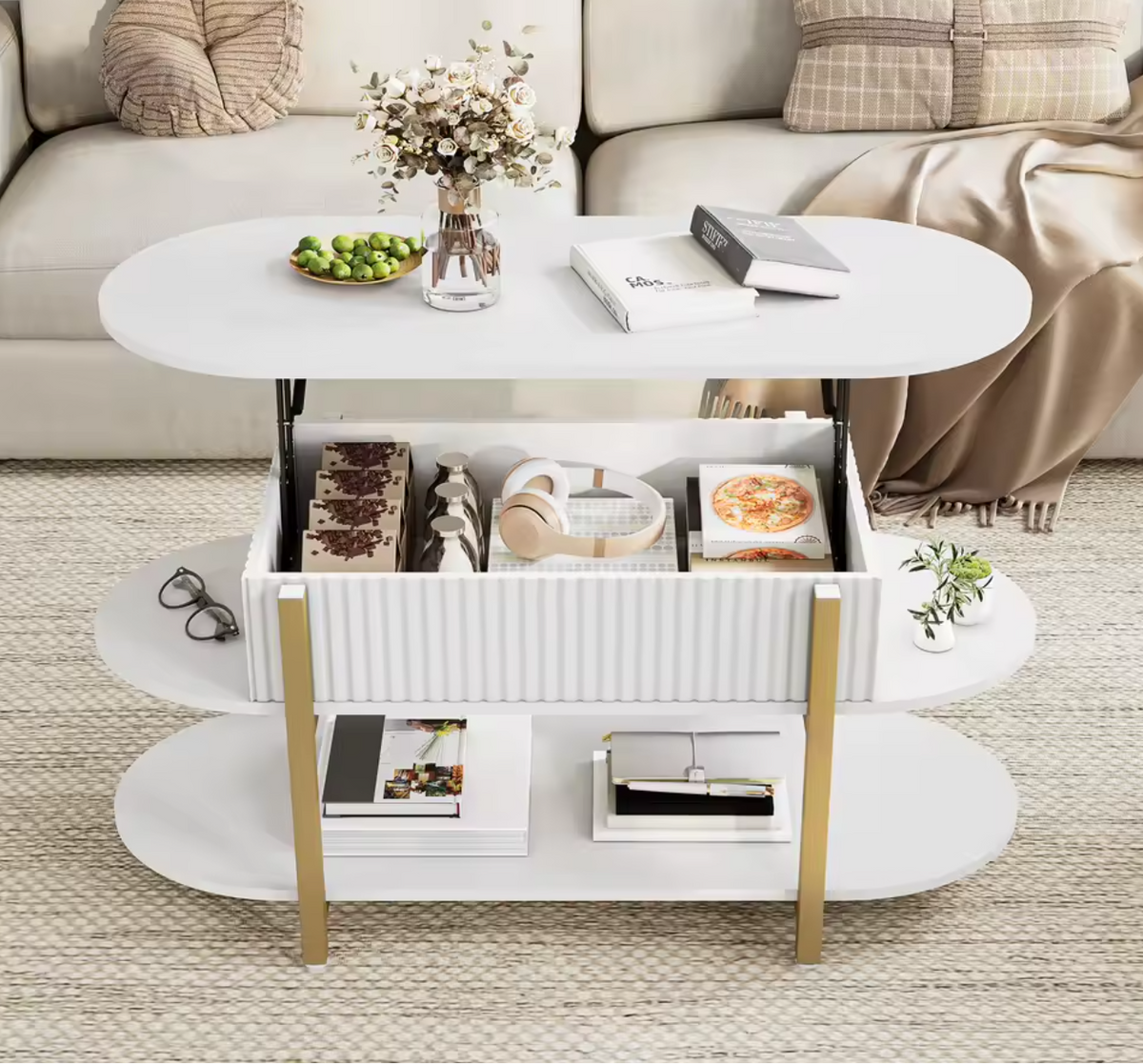 Table basse Oblina avec plateau relevable et rangements ouverts