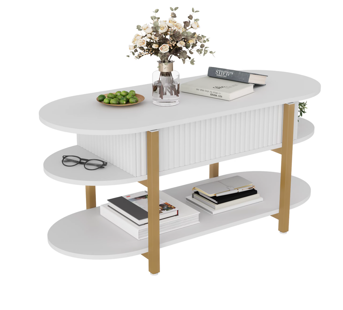 Table basse Oblina blanche et dorée avec plateau relevé