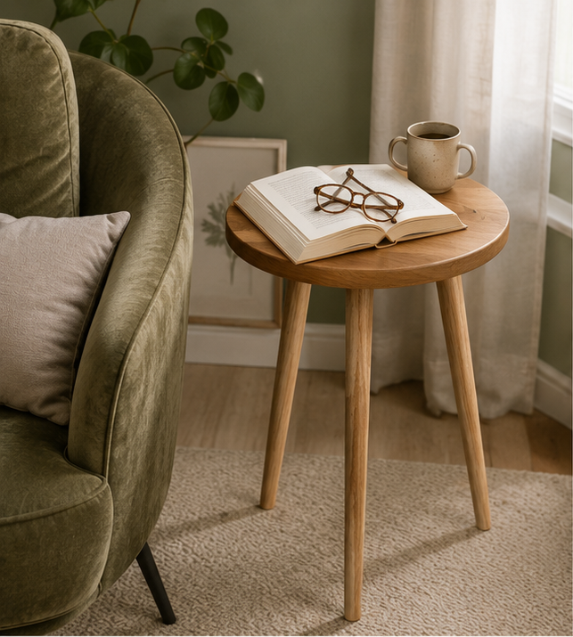 Table d'appoint Auberive avec livre et lunettes dans un salon vert