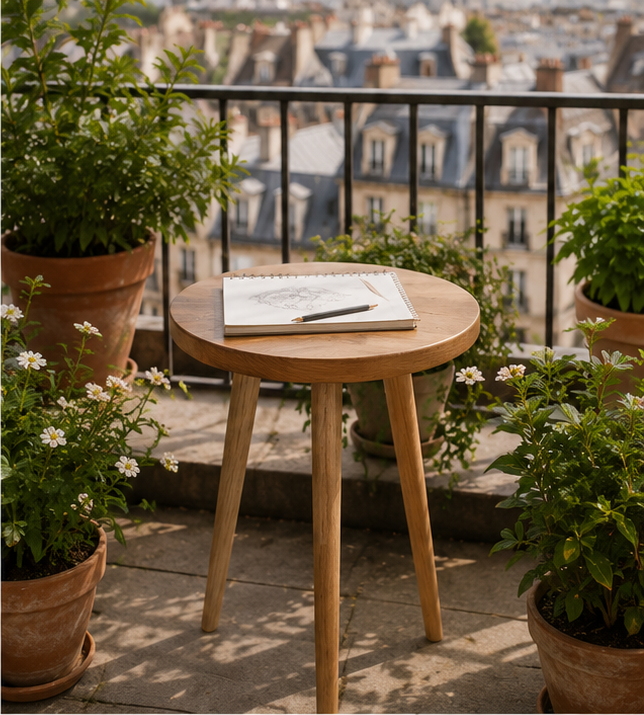 Table d'appoint Auberive sur un balcon avec carnet et pot de fleurs