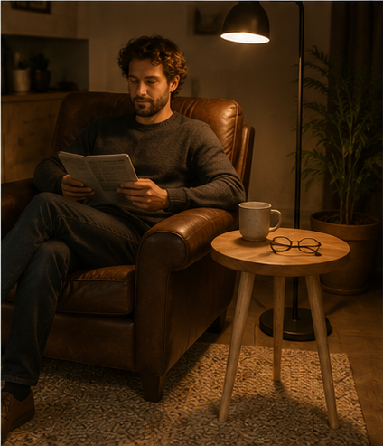 Homme lisant dans un fauteuil avec la table d'appoint Auberive à côté