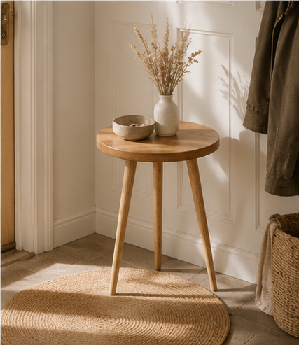 Table d'appoint Auberive dans une entrée avec vase et bol en céramique