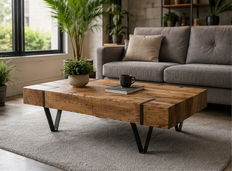 Table basse Brackens bois massif épais pieds métal noir salon industriel