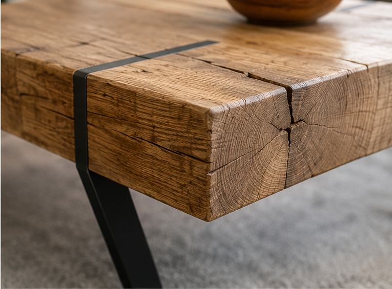 Table Brackens détail angle bois massif veinage brut