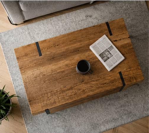 Table basse Brackens vue de dessus plateau bois massif tapis gris
