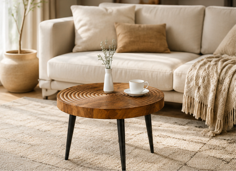 Table basse ronde Cedris bois anneaux croissance salon chaleureux
