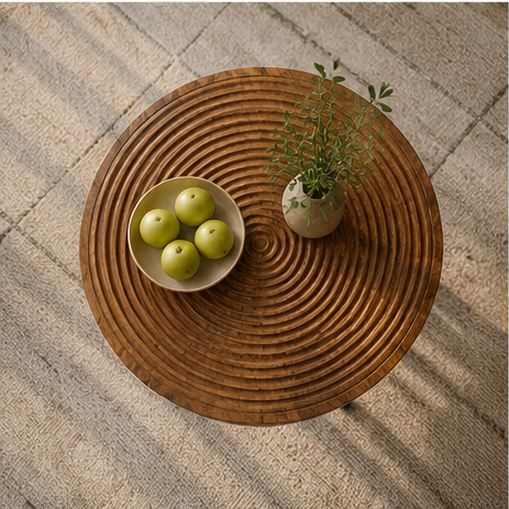 Table basse ronde Cedris vue de dessus plateau bois anneaux
