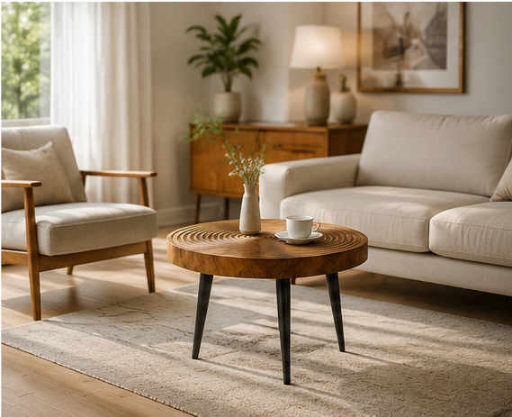 Table basse ronde Cedris salon scandinave fauteuil bois clair