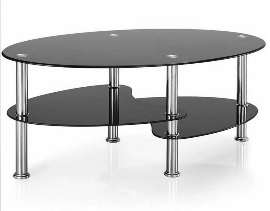 Table basse ovale en verre noir fumé à trois niveaux avec pieds chromés, fond blanc