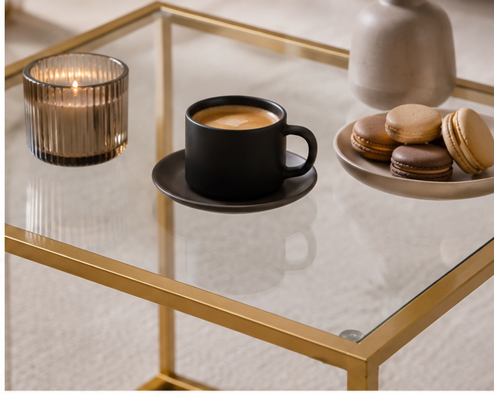Détail de la table Cubia dorée avec café et macarons
