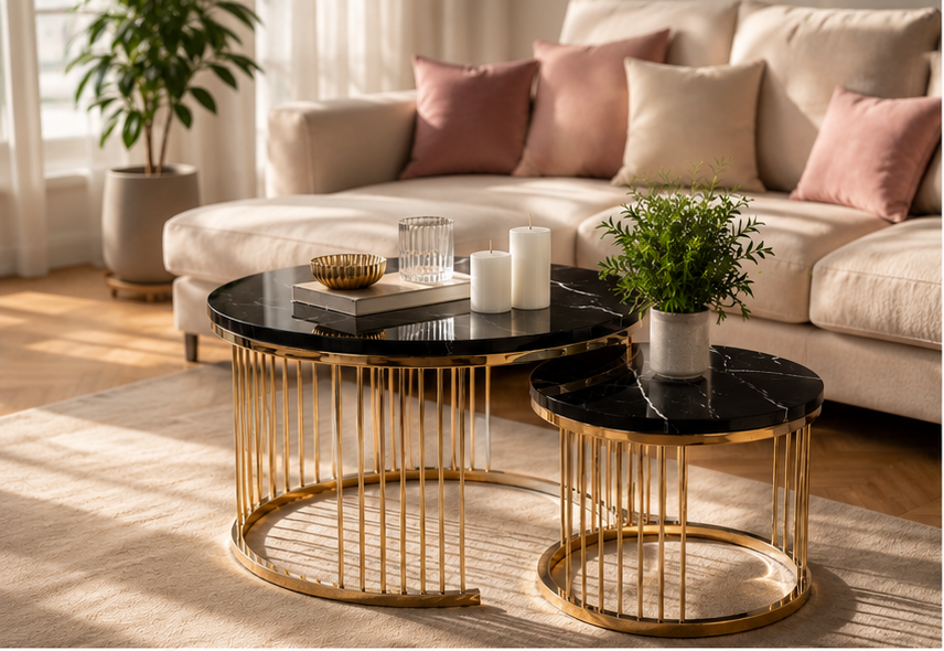 Duo de tables gigognes en marbre noir et métal doré dans un salon chaleureux