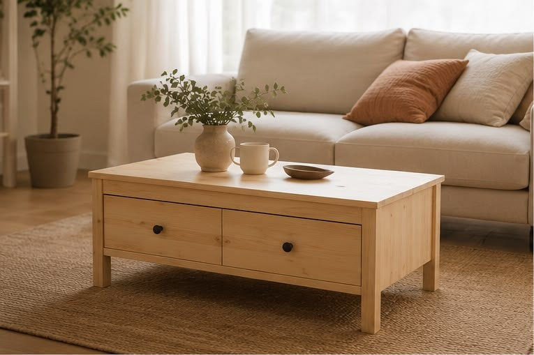 Table basse Ferrand avec tiroirs dans un salon lumineux