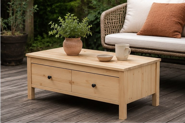 Table basse Ferrand en extérieur sur une terrasse en bois