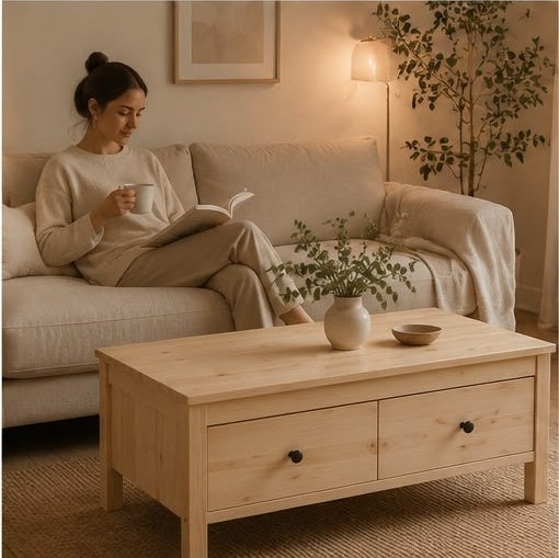 Femme lisant sur un canapé avec la table basse Ferrand