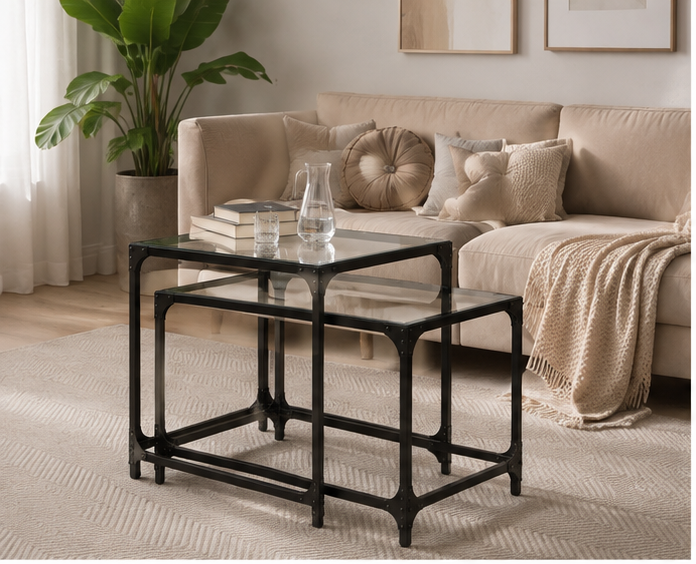 Duo de tables gigognes Forgia en métal noir avec plateau verre