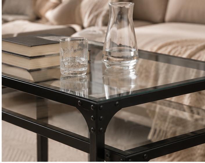 Détail de la table Forgia noire avec livre et carafe en verre