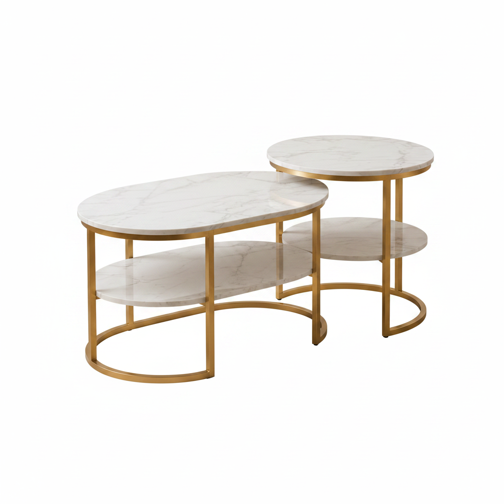 Table basse gigogne marbre blanc structure dorée fond blanc – Onycia – Aperio Home