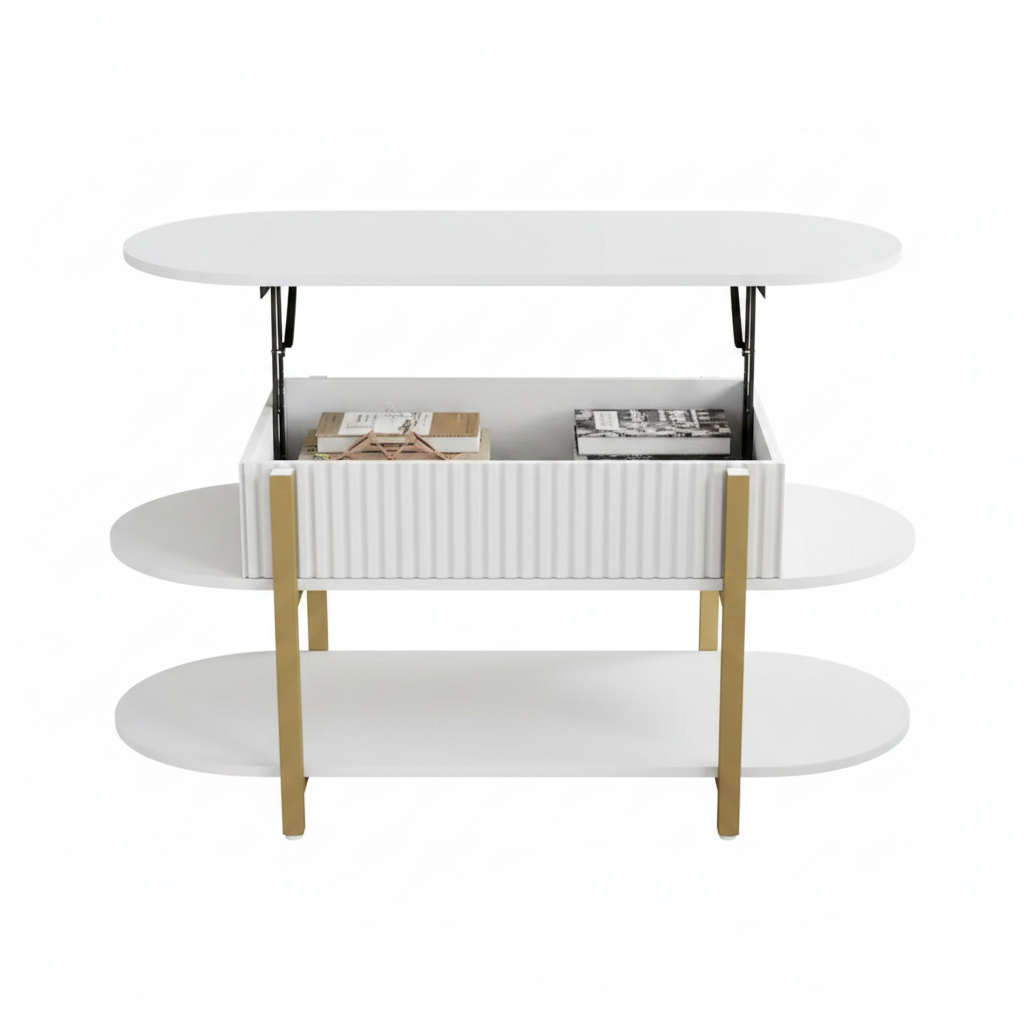 Table basse plateau relevable ovale blanc structure dorée fond blanc – Oblina – Aperio Home