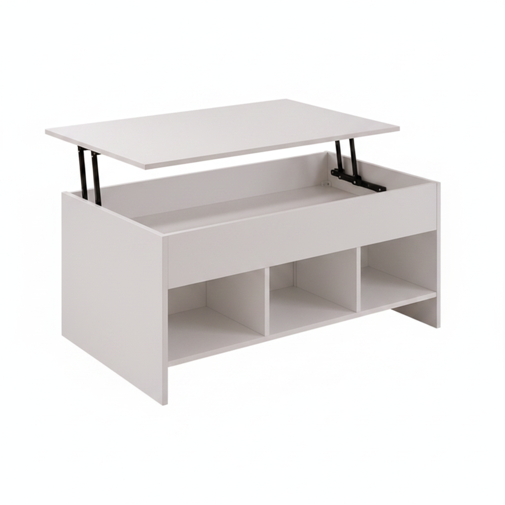 Table basse plateau relevable rangement triple niche blanc laqué fond blanc – Practica – Aperio Home