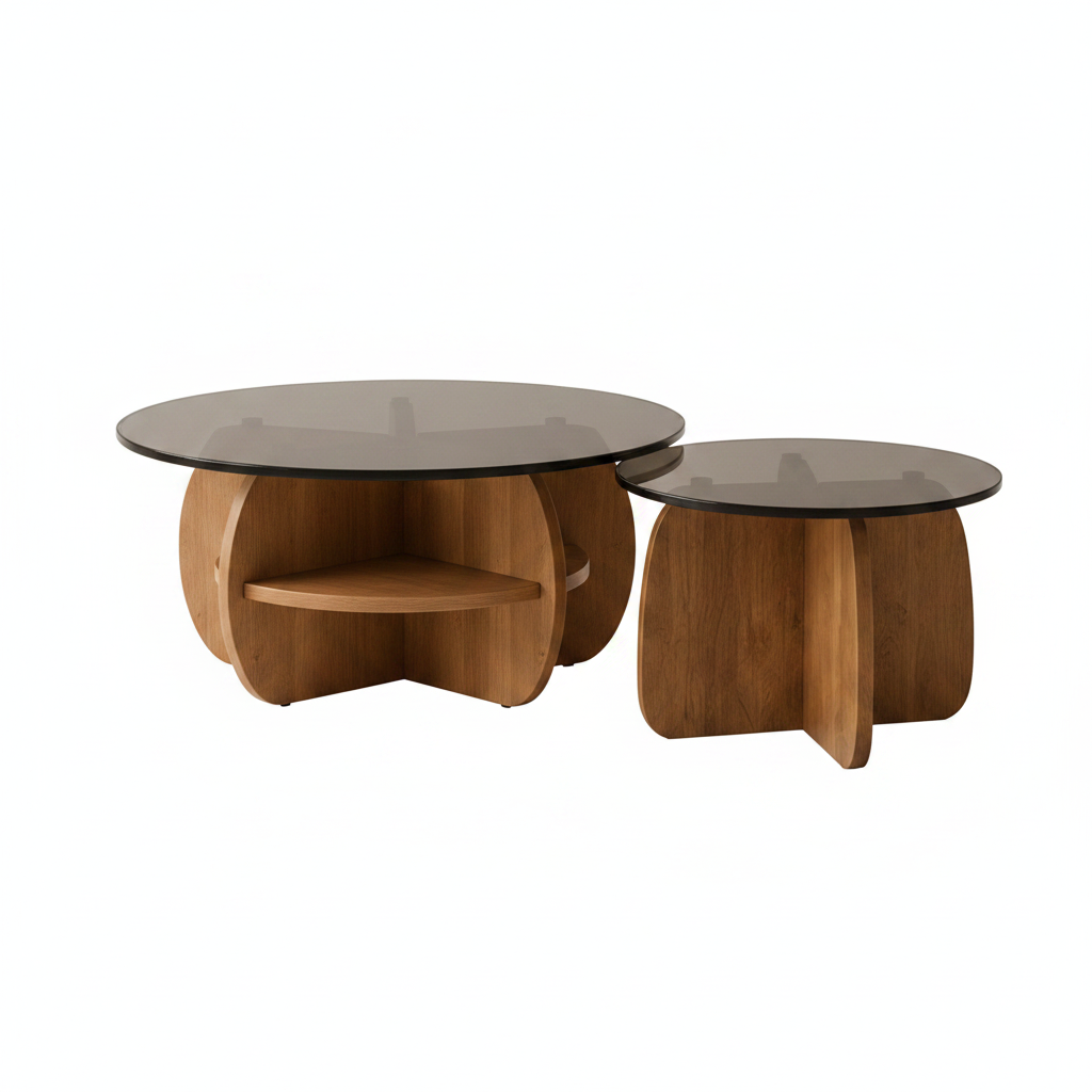 Duo tables gigognes verre fumé socle bois sculpté fond blanc – Onaya – Aperio Home