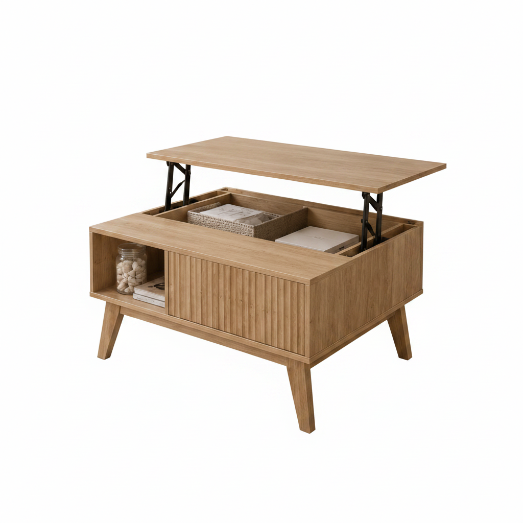 Table basse relevable chêne clair rangement canelé pieds compas fond blanc – Kalvia – Aperio Home
