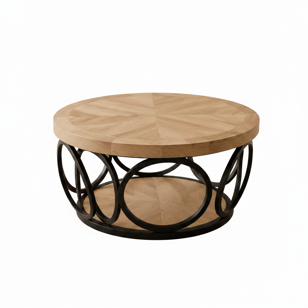 Table basse ronde bois chevronné structure anneaux métal noir fond blanc – Solara – Aperio Home