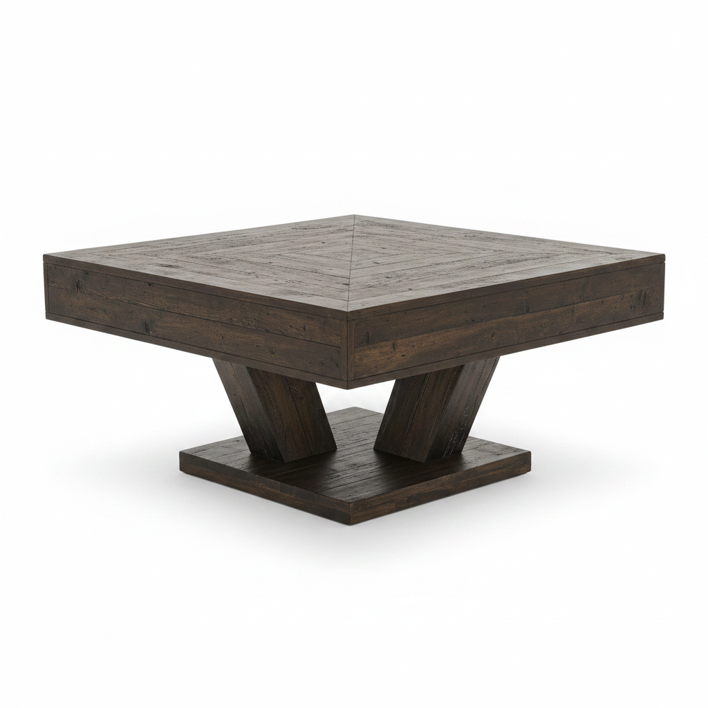 Table basse bois foncé pieds en V croisés design moderne fond blanc – Vexor – Aperio Home