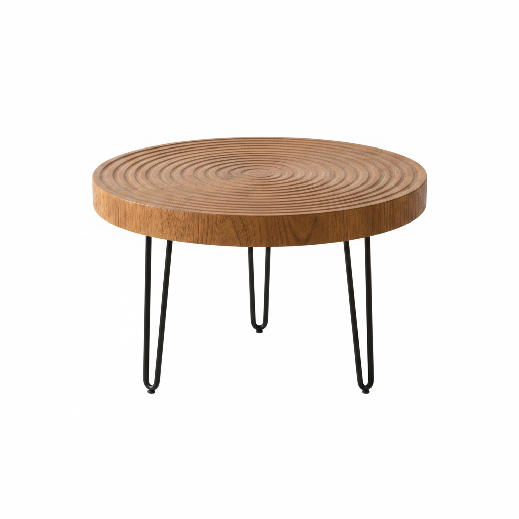 Table basse ronde bois anneaux de croissance pieds métal noir fond blanc – Cedris – Aperio Home