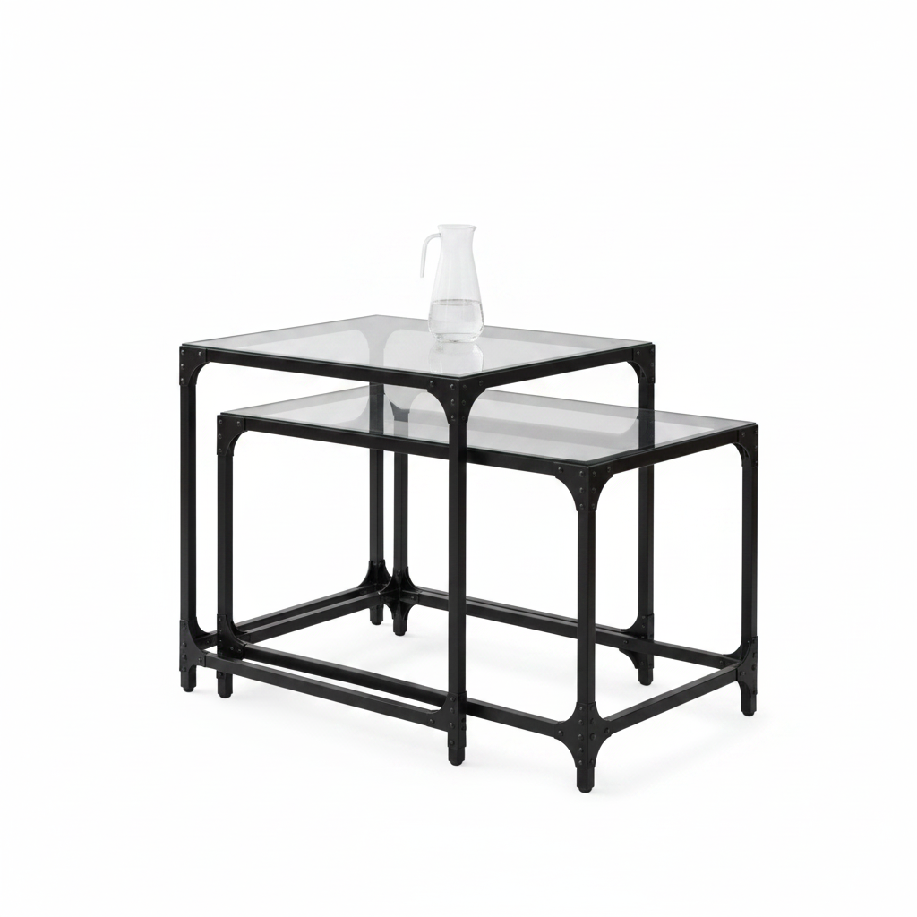 Duo tables gigognes verre trempé style industriel métal noir fond blanc – Forgia – Aperio Home