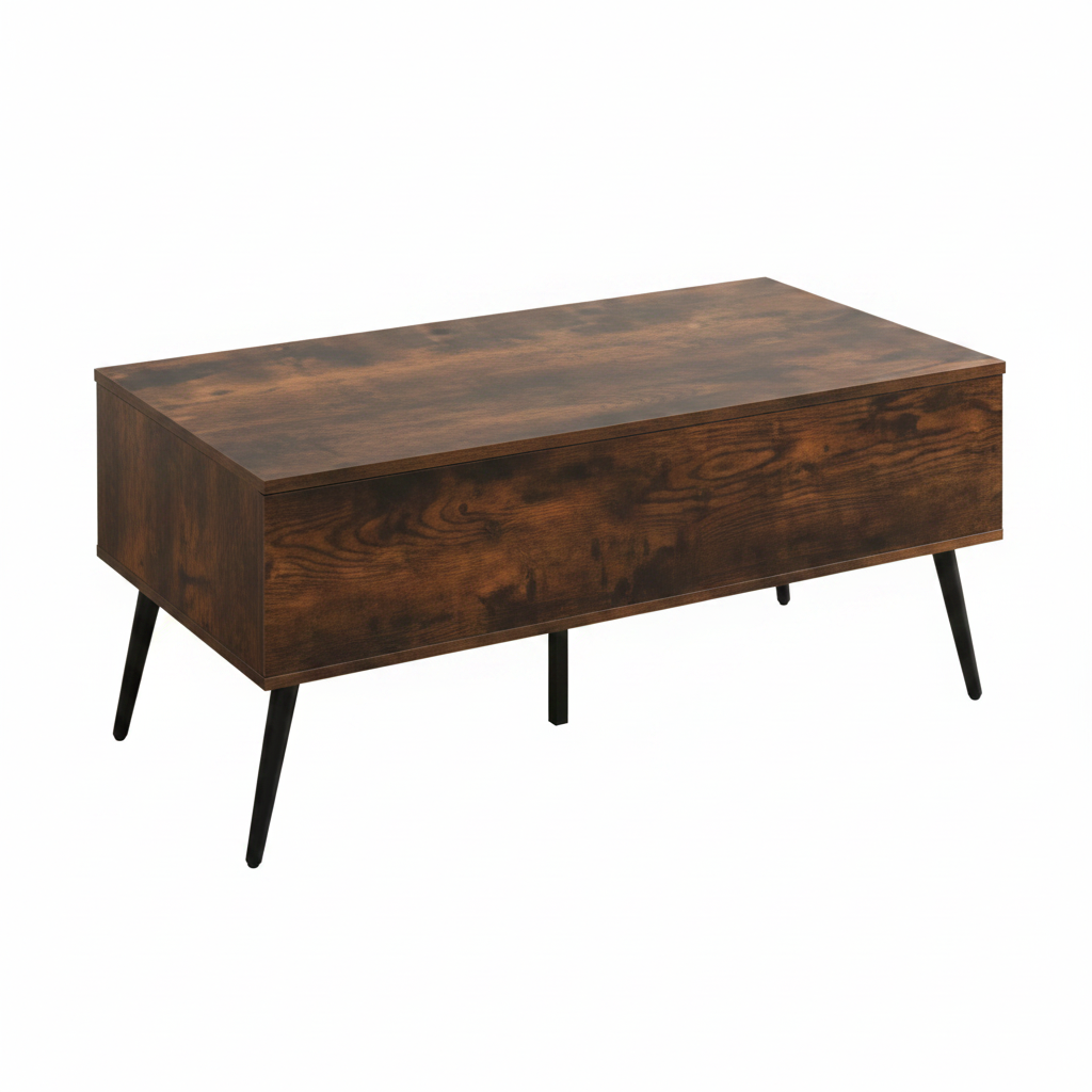 Table basse relevable rangement caché bois rustique pieds métal noir fond blanc – Kadria – Aperio Home
