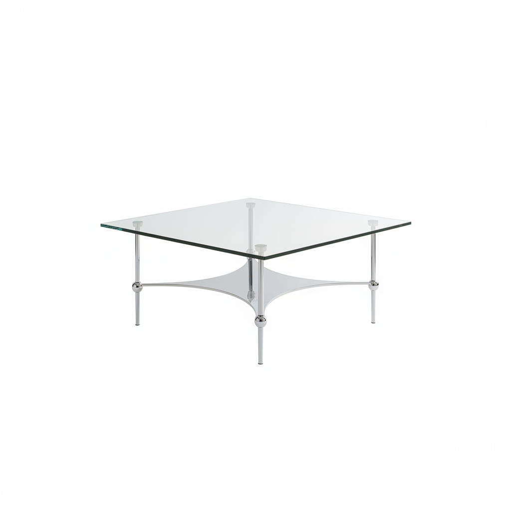 Table basse verre trempé biseauté structure acier chromé Bauhaus fond blanc – Solene – Aperio Home