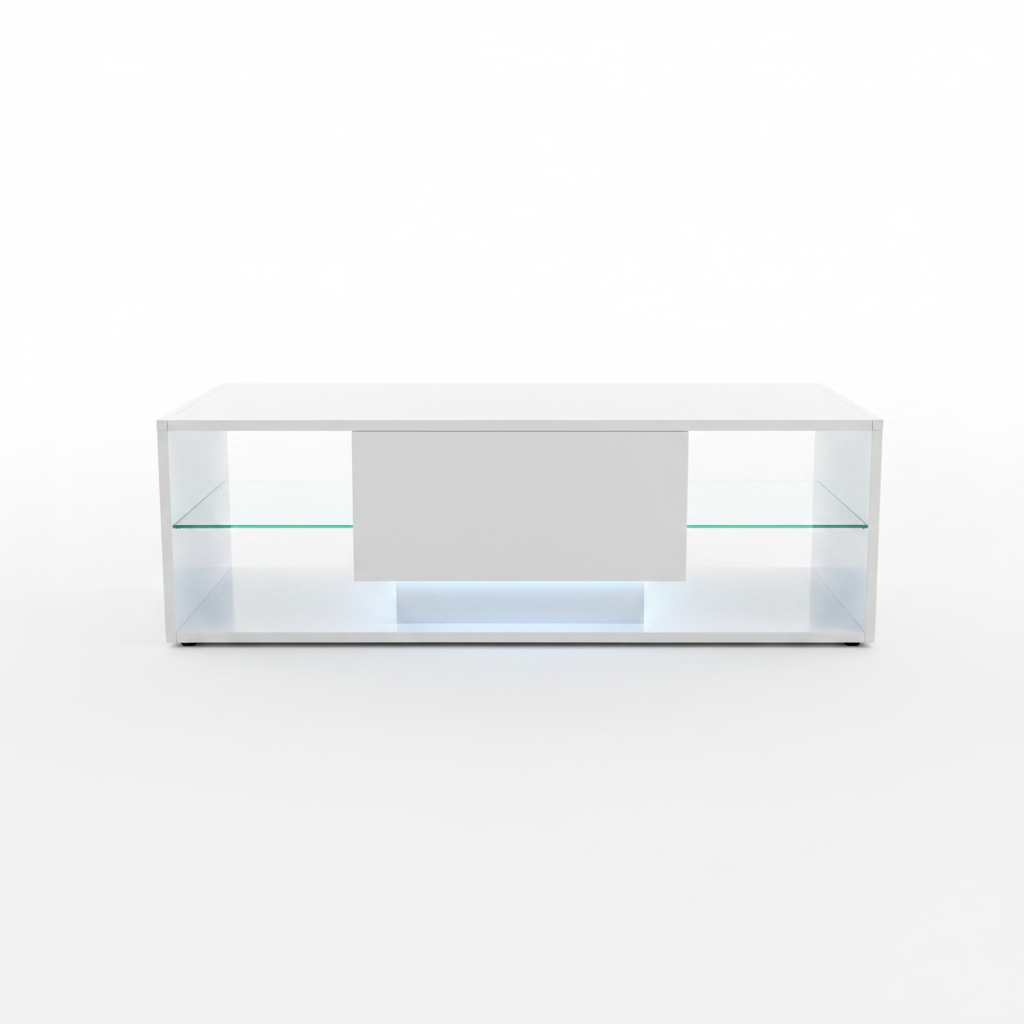 Table basse rangement laque blanche étagères vitrées LED fond blanc – Nyxa – Aperio Home
