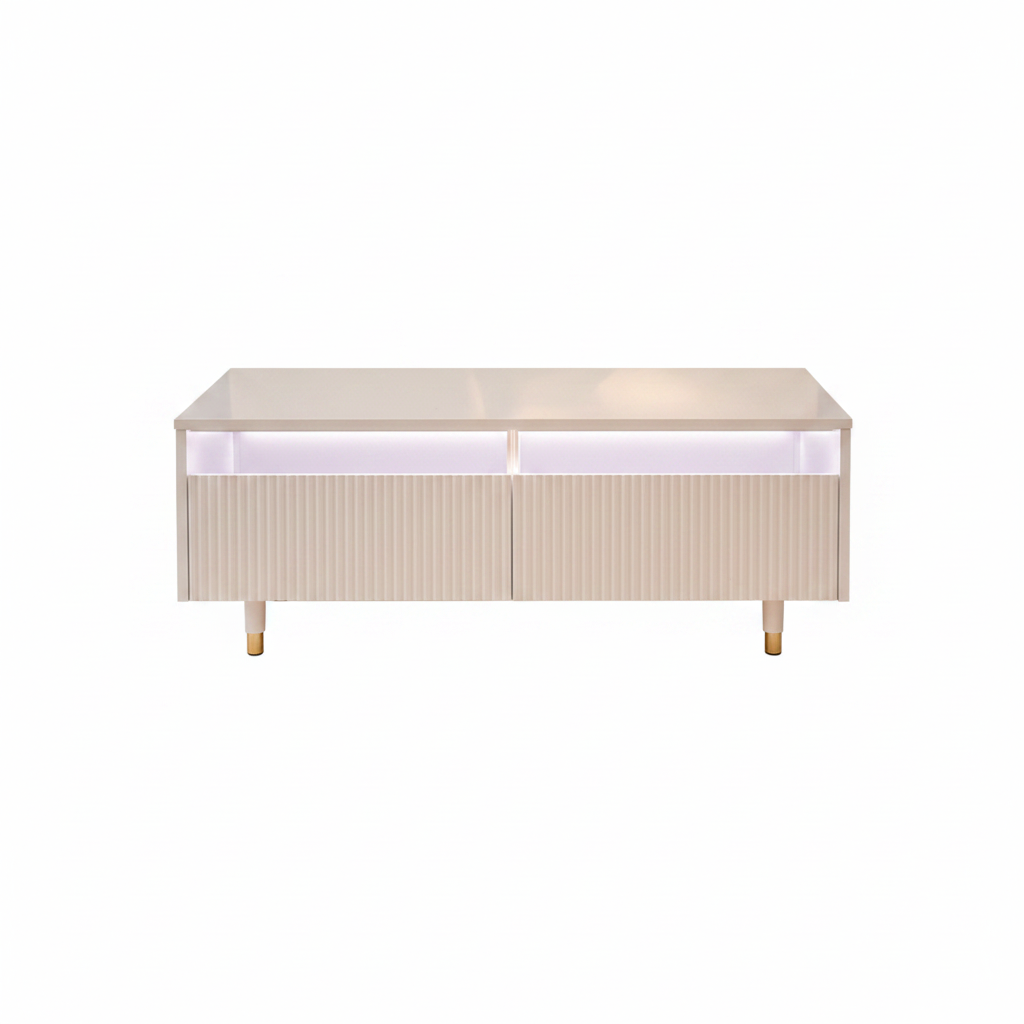 Table basse rangement laque blanche tiroirs canelés bandeau LED doré fond blanc – Lumeo – Aperio Home