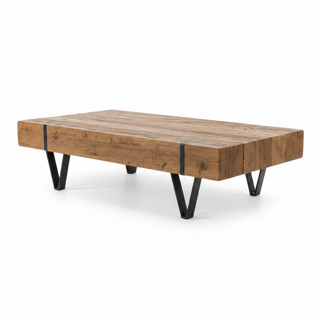 Table basse bois massif épais pieds en V métal noir fond blanc – Brackens – Aperio Home