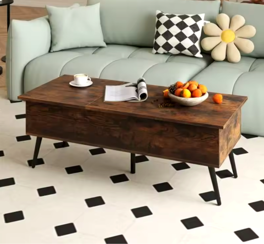 Table basse relevable Kadria avec plateau ouvert dans un salon vert d'eau