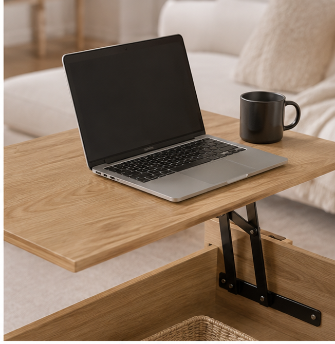 Ordinateur portable et café sur le plateau relevé de la table Kalvia