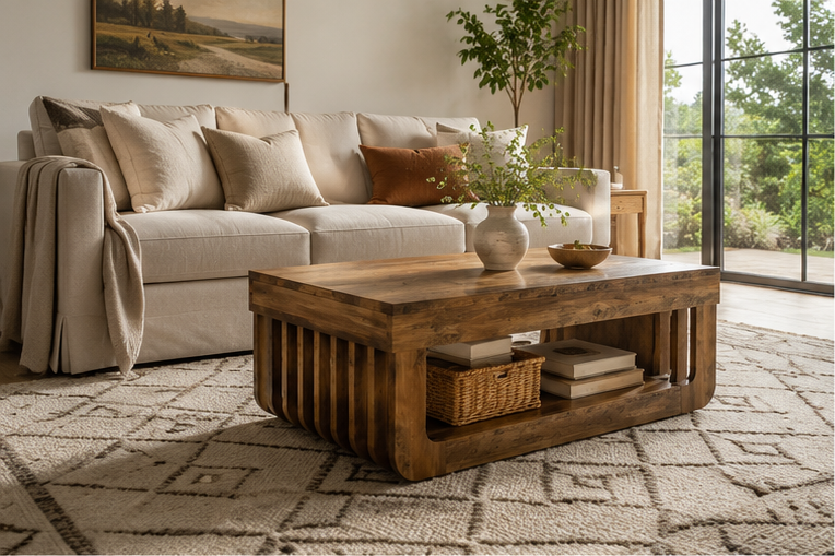 Table basse rangement Kessia bois rustique lattes salon lumineux
