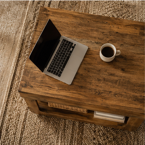 Table basse Kessia vue de dessus plateau bois massif rustique