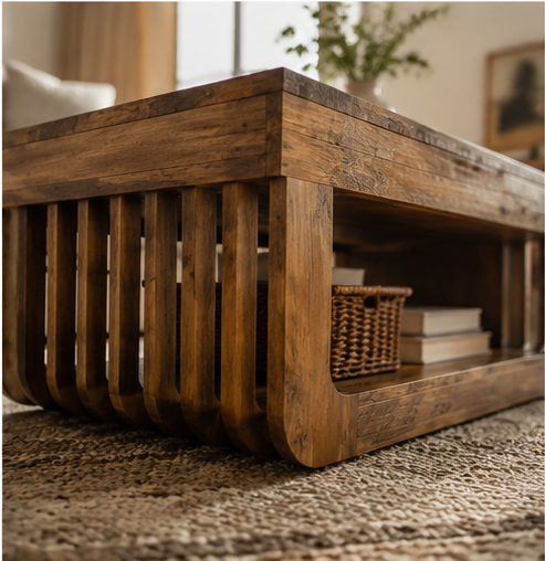Table Kessia contre-plongée lattes bois rangement rustique