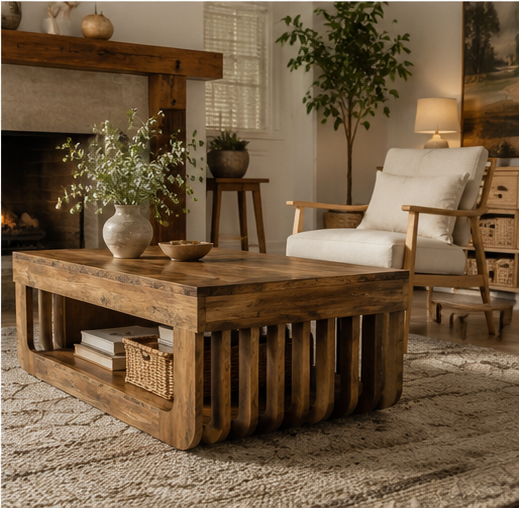 Table basse en bois massif Kessia avec rangement à lattes dans un salon cosy près d'une cheminée