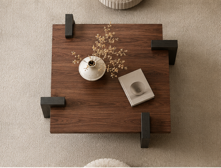 Table basse Kessora vue de dessus avec pieds asymétriques en bois noyer foncé