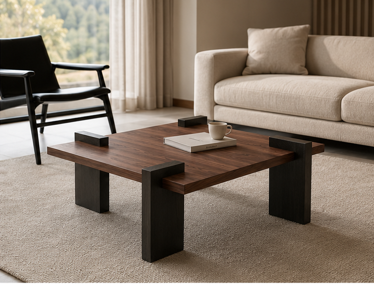 Table basse Kessora avec pieds asymétriques dans un salon avec fauteuil noir et vue nature