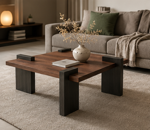 Table basse Kessora avec pieds asymétriques dans un salon chaleureux avec canapé beige