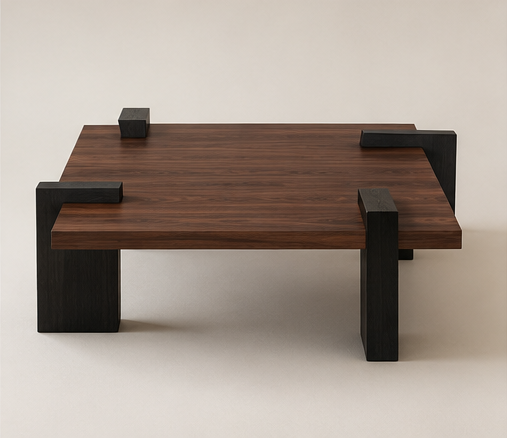 Table basse Kessora vue de face isolée avec pieds asymétriques bois noyer et noir
