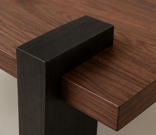 Gros plan sur l'assemblage d'un pied asymétrique en bois foncé sur le plateau noyer de la table Kessora