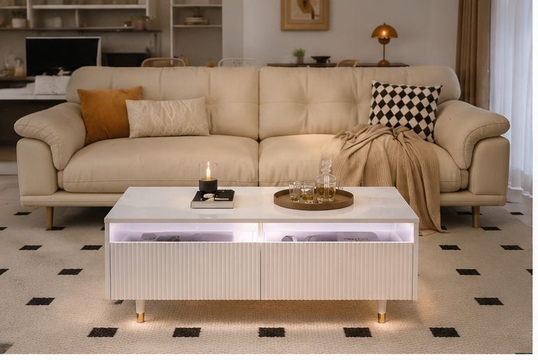 Table basse rangement Lumeo laque blanche tiroirs cannelés LED salon beige