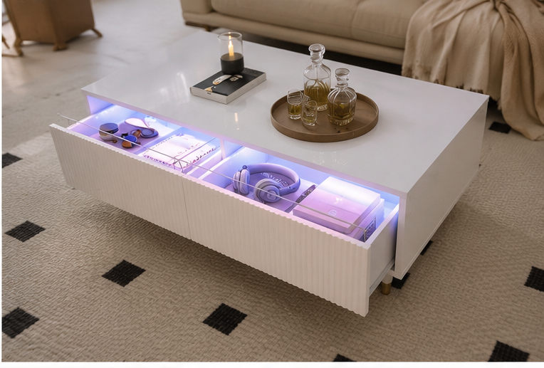 Table basse rangement Lumeo tiroir ouvert LED violette rangement objets