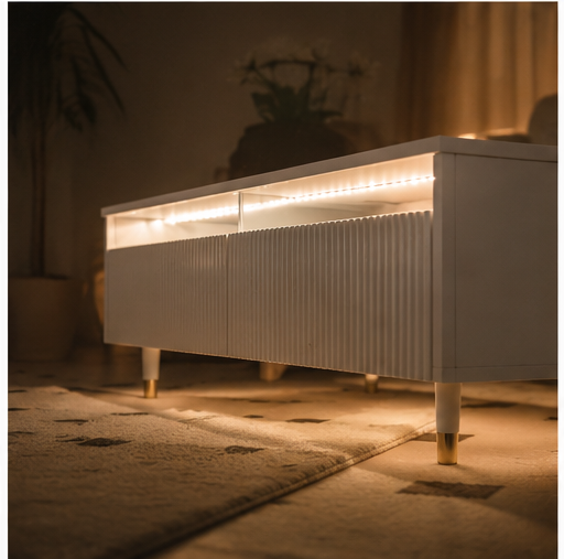 Table basse rangement Lumeo façade cannelée LED ambiance salon soirée