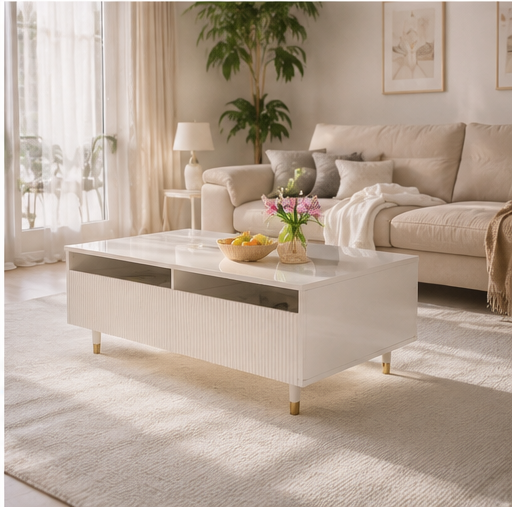 Table basse rangement Lumeo salon lumineux jour tapis clair